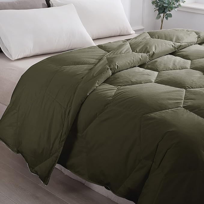 Feather and Loom Honeycomb Stitch Down Alternative All Season Comforter - Soft and Easy Care Microfiber Cover, Hypoallergenic High Loft Fiber Fill, Machine Washable - Color: Olive Size: King