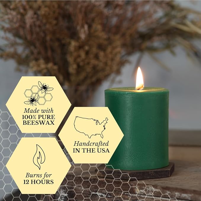 Big Dipper Wax Works Moss Green Pillar Candle, 40-Hour Long Burn, Pure Beeswax Candle, 2" x 4.75”