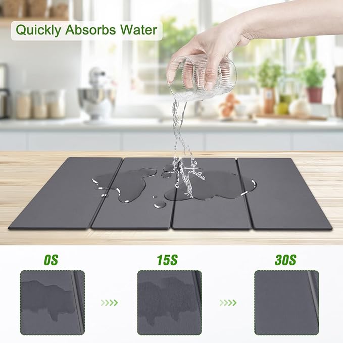 Large Dish Drying Mat for Kitchen Counter,24"×16"Fast Dry Pad Absorbent Countertop Mat, Heat-resistant Mat,Diatomaceous Earth Mats,Gray