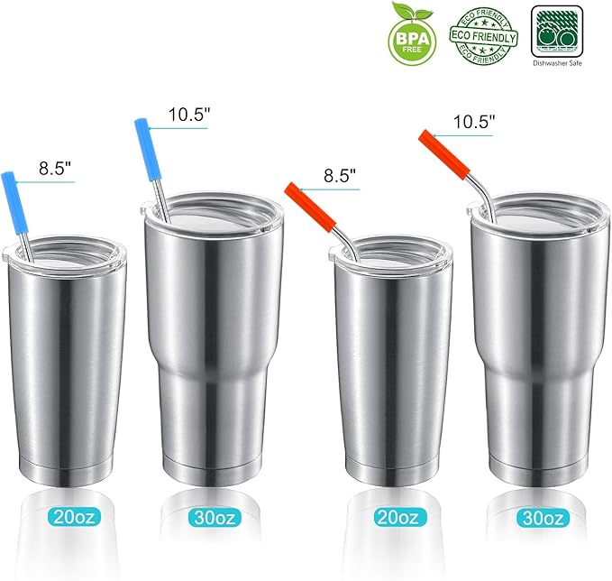 StrawExpert Set of 16 Reusable Stainless Steel Straws with Travel Case Cleaning Brush Silicone Tips Eco Friendly Extra Long Metal Straws Drinking for 20 24 30 oz Tumbler, Silver