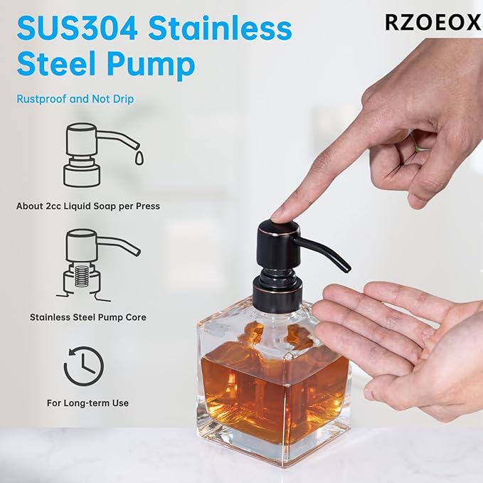 Hand Soap Dispenser Square with Oil Rubbed Bronze Pump, 8.4 oz Liquid Clear Glass Soap Dispenser with Stainless Steel Pump for Dish Soap Bathroom Kitchen Vanity Countertop