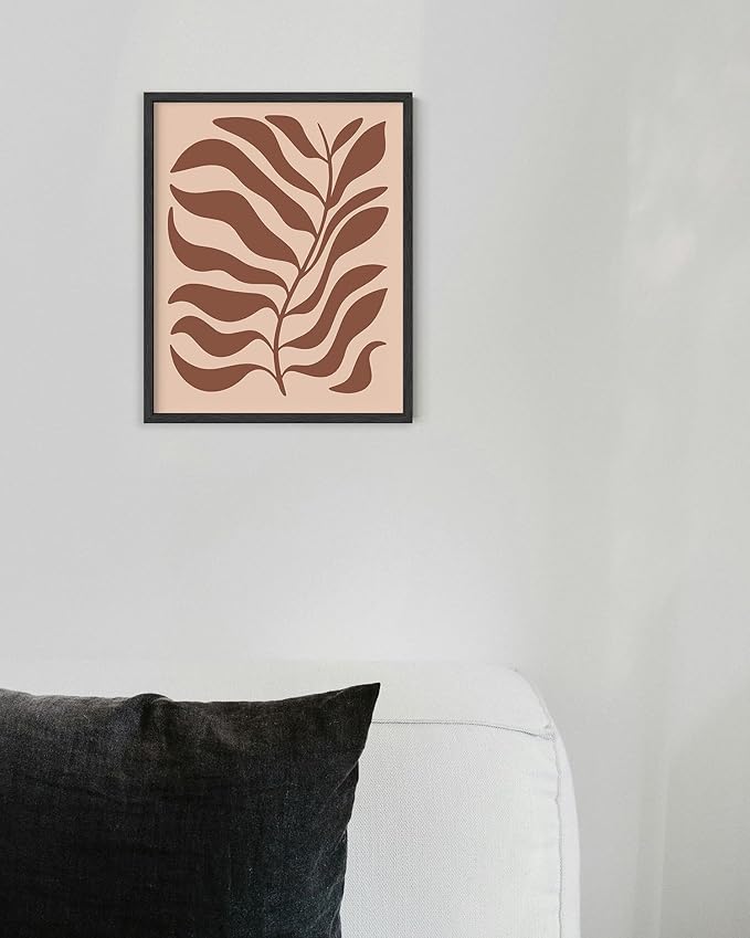 Abstract Organic Leaf Silhouette Wall Art Botanical Shapes Earth Tones Terracotta Mid Century Modern 8x10 Inch Oak Wood Black Framed Minimalist Print for Bedroom Decor