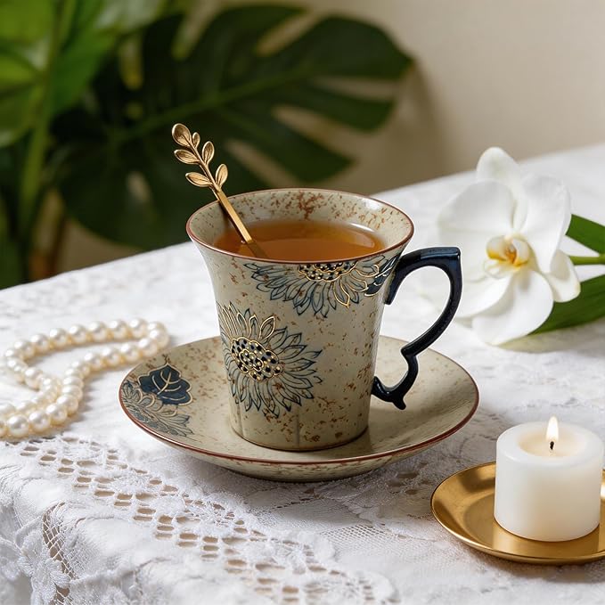 Handmade Sunflower Espresso Cups, Vintage Ceramic Coffee Mug with Saucer, Novelty Tea Cup Set of 1, Dishwasher & Microwave Safe Demitasse for Coffee, Latte, Americano, Tea, 6 oz