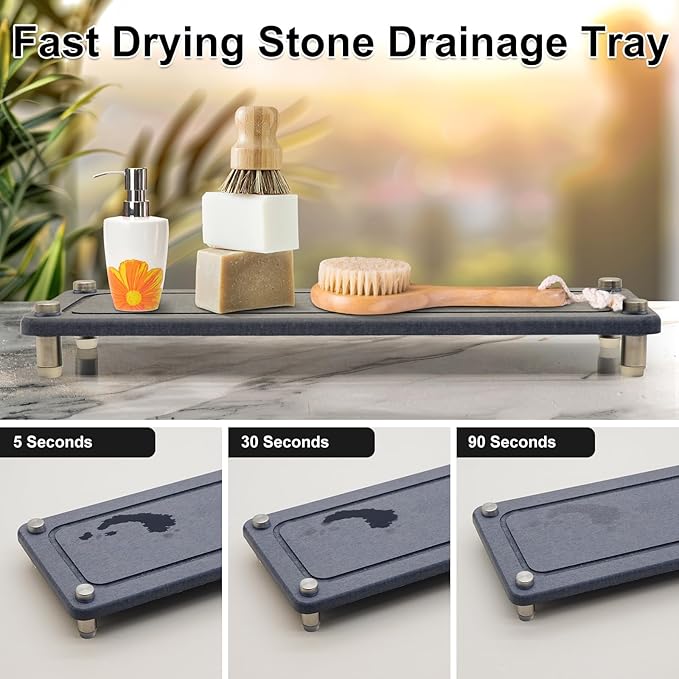 2PCS Water Absorbing Stone Trays, Diatomite Bathroom Counter Tray, Caddy Kitchen Sink Organizer Tray, Faucet Drying Mat Coaster Soap Dish Riser Dispenser Sponge Holder (Grey, 12'' x 4'')