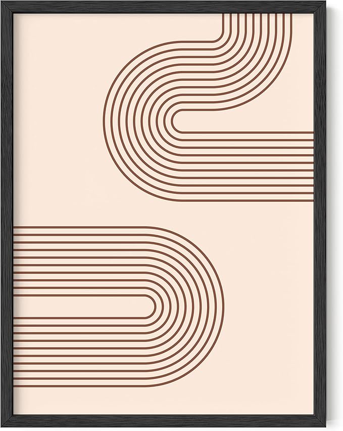 Abstract Double Wavy Arch Wall Art Minimalist S-Shape Lines Earth Tones Terracotta Brown 12x16 Inch Oak Wood Black Framed Boho Geometric Print for Modern Living Room Decor
