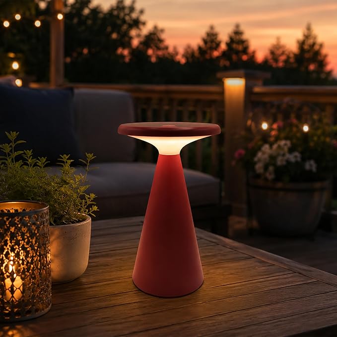 Portable Solar Powered Mushroom LED Table Lamp - Indoor/Outdoor Use - Stepless Dimming - Up to 45 Hour Rechargeable Battery - 1.6W, 160 lumens, 2700K - IP44 Weather Resistant - Red