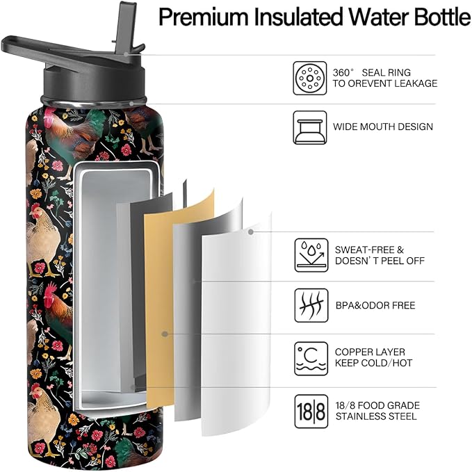 40oz Chicken Water Bottle with Handle and Flip Straw, Animal Sports Stainless Steel Insulated Cup Travel Coffee Mug Tumbler, Birthday Mothers Day Chritmas Gifts for Women