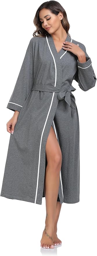 COLORFULLEAF 100% Cotton Women's Robes Summer Lightweight Kimono Soft Long Cotton Bathrobe for Women with Pockets