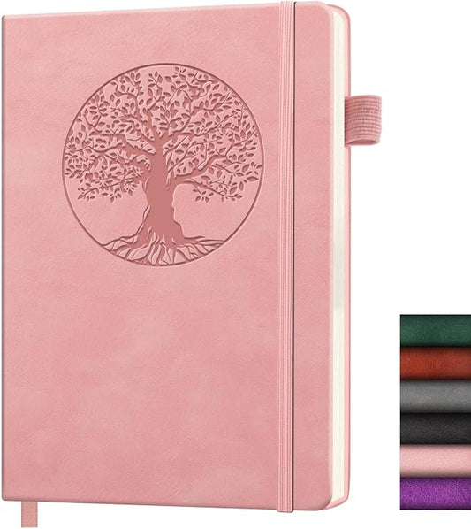 Lined Journal Notebook, A5 Leather Vintage Journals for Writing, 256 Pages College Ruled Notepad for Women Men, Vegan Leather Daily Notebook for Work, School, Travel, Note Taking(Tree of Life, Pink)