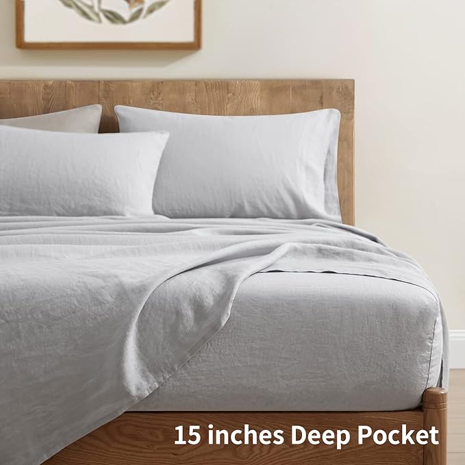 ATLINIA 100% Pure Flax Linen Bedding Set - Stone Washed French Linen Fabric Deep Pocket Fitted Sheet Farmhouse Flat Sheet 2 Pillowcases (Light Grey, Full)