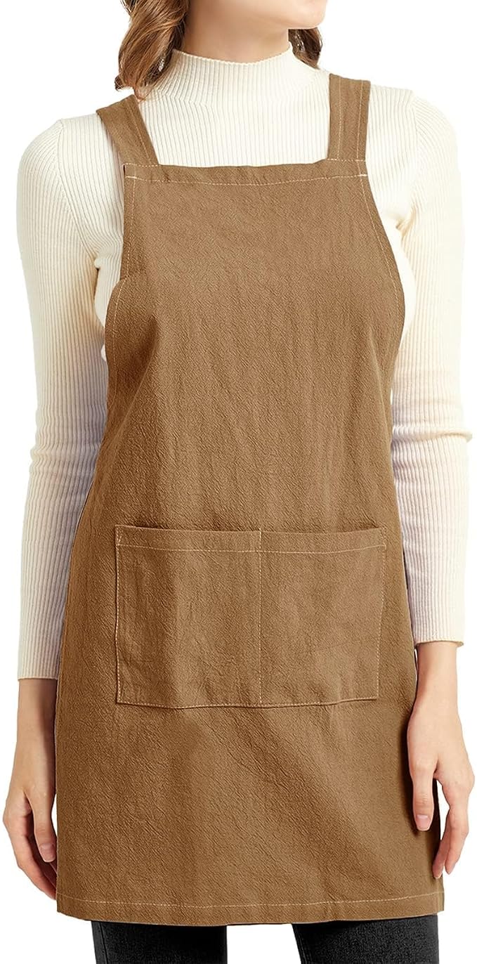 ELEZAY Aprons for Women with Pockets Plus Size Comfort Cross Back No Tie Cotton Linen Apron Pinafore