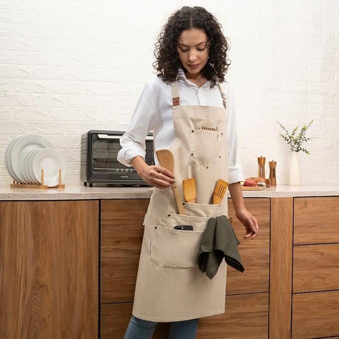Cotton Canvas Apron for Women & Men – Adjustable Neck Strap & Waist Ties with Pockets