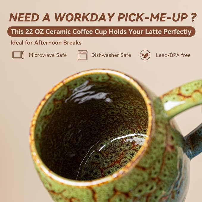 Handmade 22oz Ceramic Coffee Mug, Ergonomic Large Handle, Ideal Gift for Coffee Lovers, Microwave & Dishwasher Safe (Bas-Relief - Green&Blue)