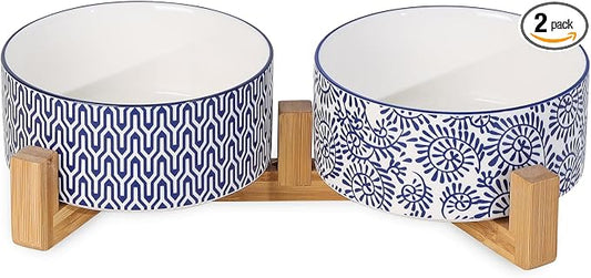 Selamica Ceramic 30 OZ Dog Bowls, Dog Food and Water Bowls with Wooden Stand, Anti-Slip Dog Dishes Set for Cats Small & Medium Sized Dogs, Weighted Pet Bowls Set of 2, Vintage Blue B