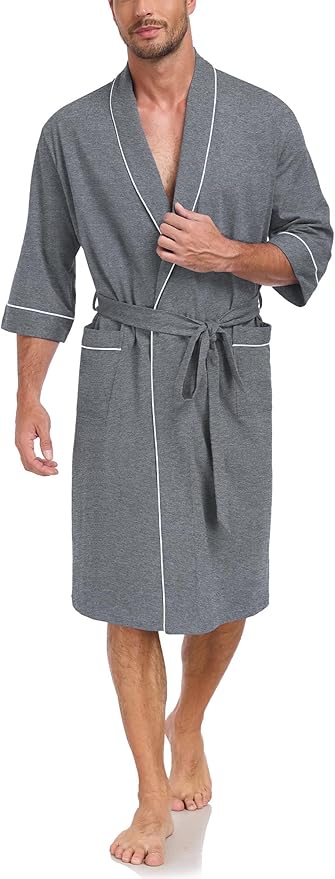 COLORFULLEAF 100% Cotton Men’s Summer Bathrobe Lightweight & Breathable Short Sleeve Kimono Robe with Pockets