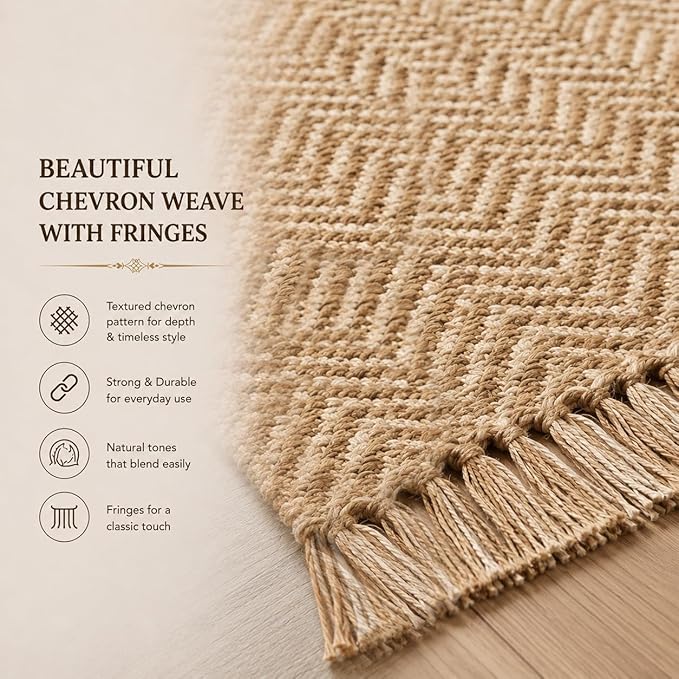 Chevron Weave with Fringes Woven Area Rug 2x3 Ft - Beige, Small Soft Decorative Reversible Front Door Mats Ideal for Entryway, Kitchen, Nursery, Office | Farmhouse Brown Accent Indoor Space Decor Mat