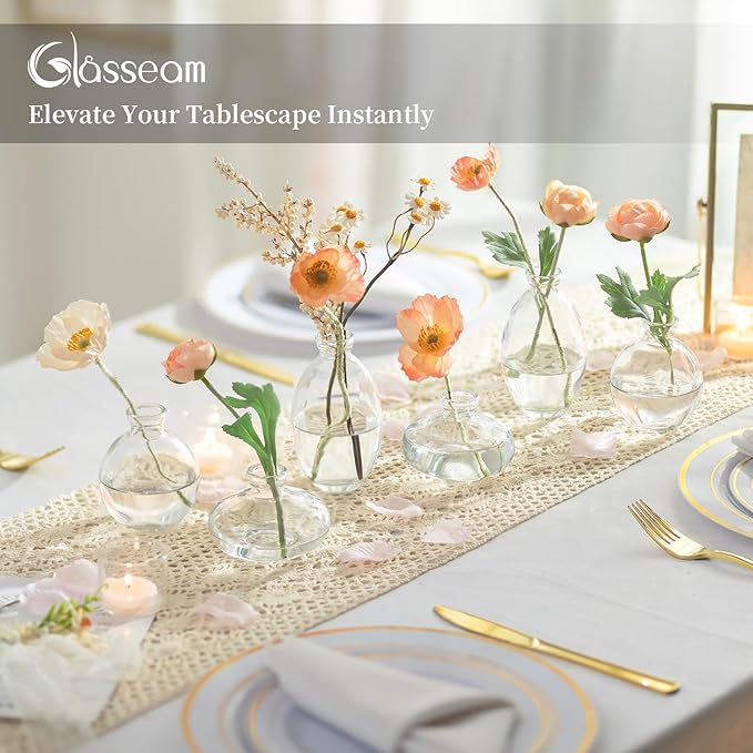 Glass Bud Vase for Centerpieces, 6Pcs/2Sets Glasseam Modern Clear Mini Small Vases for Flowers Bulk Flower Vase Set Aesthetic Cute Handmade Tiny Short Wedding Table Centerpiece Decor