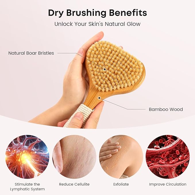 eaxun Bamboo Dry Brushing Set with Body and Face Brush, Dry Scrub Brush with Exfoliating Natural Boar Bristle for Lymphatic Drainage, Cellulite Reduction, Blood Circulation and Glowing Skin, 2 Pack