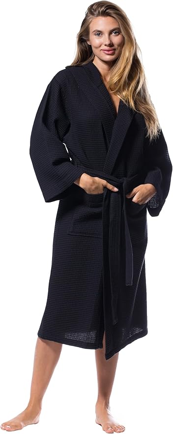 Turquaz Lightweight Waffle Knit Kimono Bathrobe - Soft Cotton Blend Spa Robe, Fast-Drying Full-Length Unisex Robes for Women