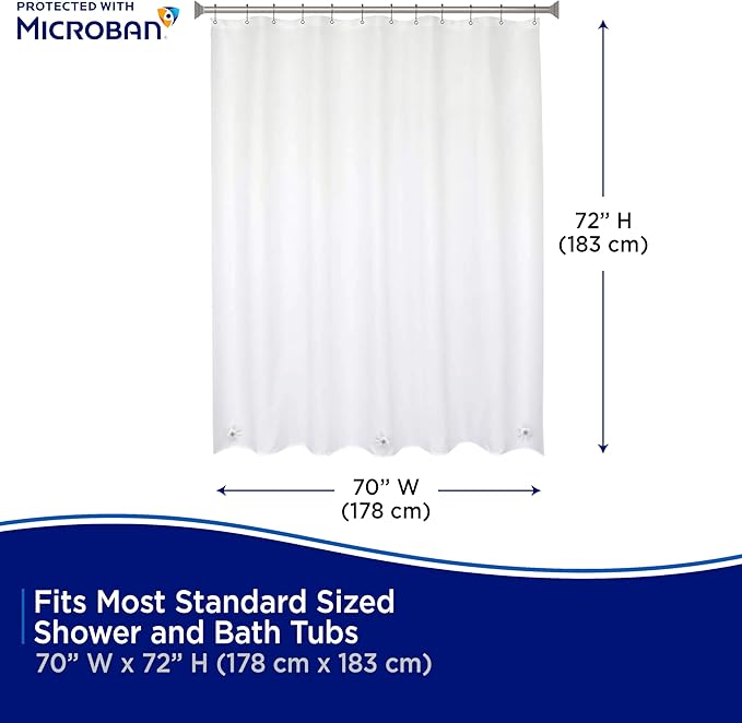 Kenney - Microban PEVA Shower Curtain Liner, Waterproof Medium-Weight 4.8 Gauge Design with Rust-Resistant Metal Grommets and Weighted Magnetic Hem, 70" x 72", White