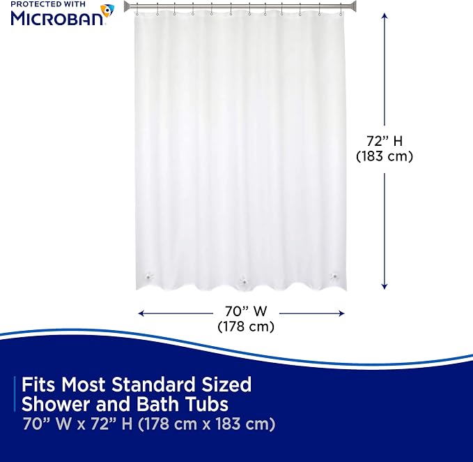 Kenney - Microban PEVA Shower Curtain Liner, Waterproof Medium-Weight 8 Gauge Design with Rust-Resistant Metal Grommets and Weighted Magnetic Hem, 70" x 72", White