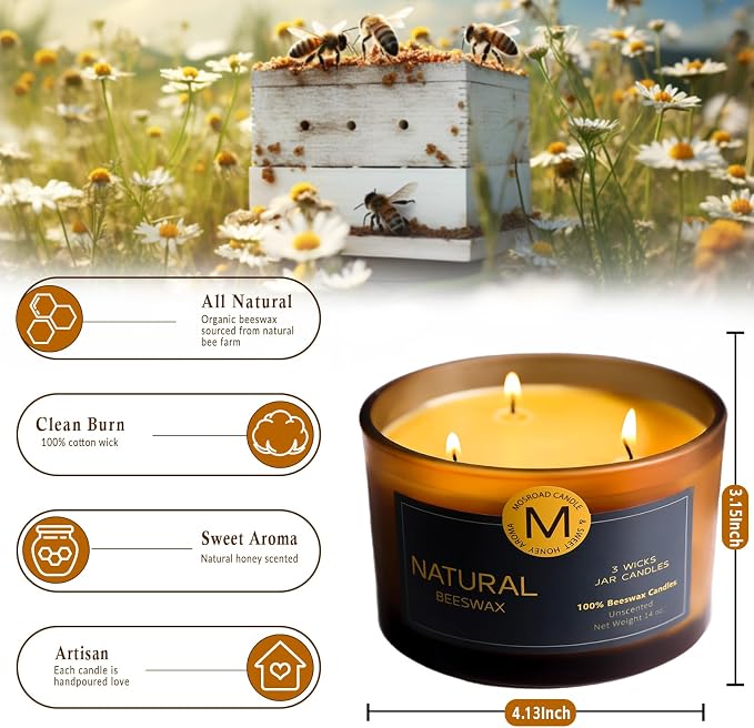 3 Wick Beeswax Candle in Jar, Natural Beeswax Candles Non Toxic for Air Purification, Honey Aroma Bees Wax Jar Candle for Home Decor, Fragrance Free, Paraffin Free