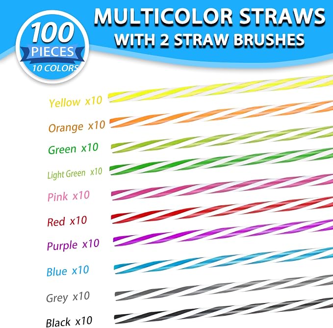 100PCS Reusable Stirrer Straws-Short Assorted Color Plastic Stripe Drinking Straws Pipes + 2 Brushes Fit for Milk & Juice & Coffee & Smoothies & Cocktail & Kids Straws Kit(Two-tone Stripe, 9 Inches)