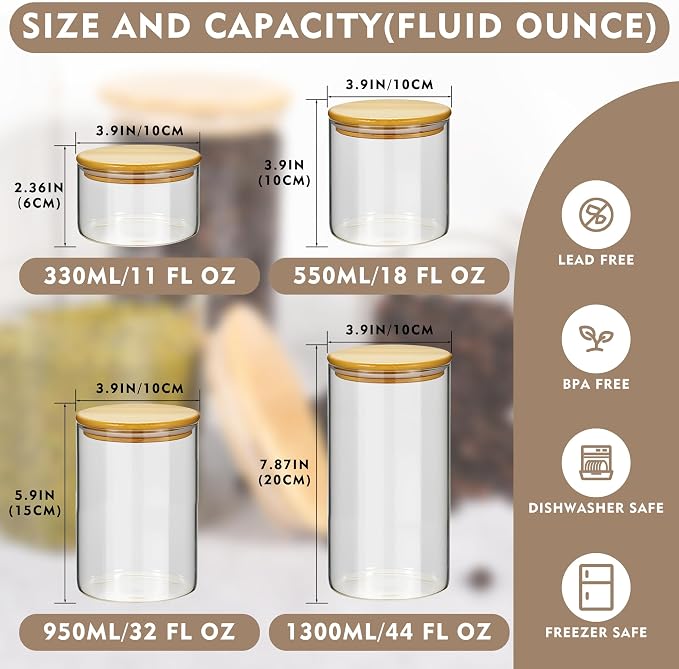 2PCS Glass Storage Jars with Airtight Lids,32 fl oz (950ml) Cute Clear Storage container with bamboo Lid,Glass Pantry Canister for Beans, Rice,Sugar,Cookie Coffee (N-Clear-2PCS-32FL OZ/950ML)