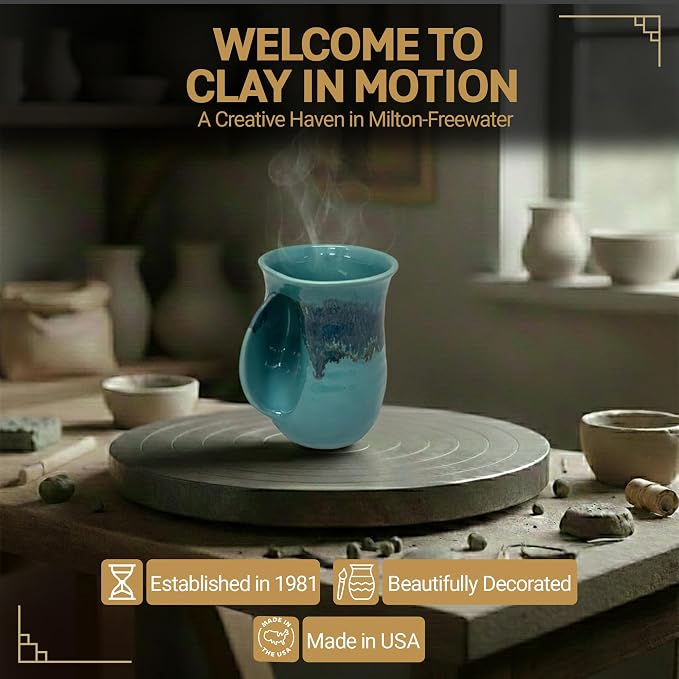 Clay in Motion Hand Warmer Coffee Mug – Handmade Coffee Mug With Comfortable Handle Contoured Pocket Hand Warming Ceramic Coffee Mug – Proudly Made in USA – Left Handed – 14 Oz - Raging Rapid