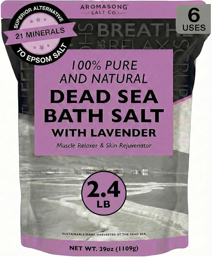 Aromasong Pure Dead Sea Salt for Soaking with 100% Natural Lavender, 2.43 LB - Spa Bath Salt Fine Grain - Body Wash Scrub - Soak for Women & Men- Bulk Resealable Pack