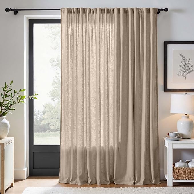 jinchan Extra Wide Sliding Door Curtain 90 Inch Length Taupe Linen Curtains Semi Sheer Drapes for Patio Door Living Room Bedroom Home Office Light Filtering Drapes 100 Inches Wide 1 Panel