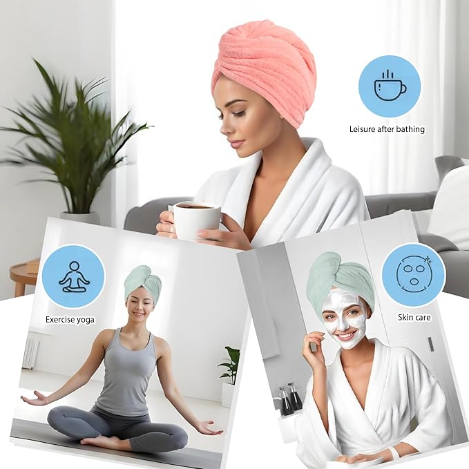 Microfiber Hair Drying Towel Wrap for Women, Hair Turbans Towel for Wet Hair,turbie Twist Hair Towels(The Color of the Picture is for Reference only) (Light Green,Pink)