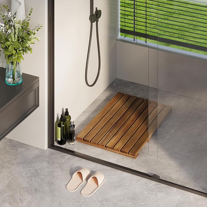 Solid Acacia Wood Shower Mat, Non Slip Bathroom Mat (26“×17", Large) Sturdy Floor Mat for Spa Home or Outdoor Shower, Easy to Clean, Quick Drying