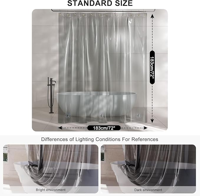 Clear Heavyweight PEVA Shower Curtain Liner, Waterproof Shower Liner Rustproof Metal Grommets with Weighted Magnetic Hem, BPA-Free, 72 x 72 Inches Clear Grey