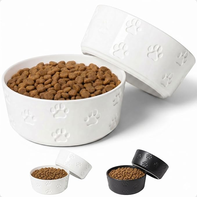 Ceramic Dog Bowl Set of 2 with Anti-Skid Base - 7.5" Wide x 3" Tall Ceramic Dog Bowls for Large Dogs - 6 Cup Capacity Food and Water Bowls for Dogs - Rubber Bottom Pet Bowl Set of 2 for Large Pets