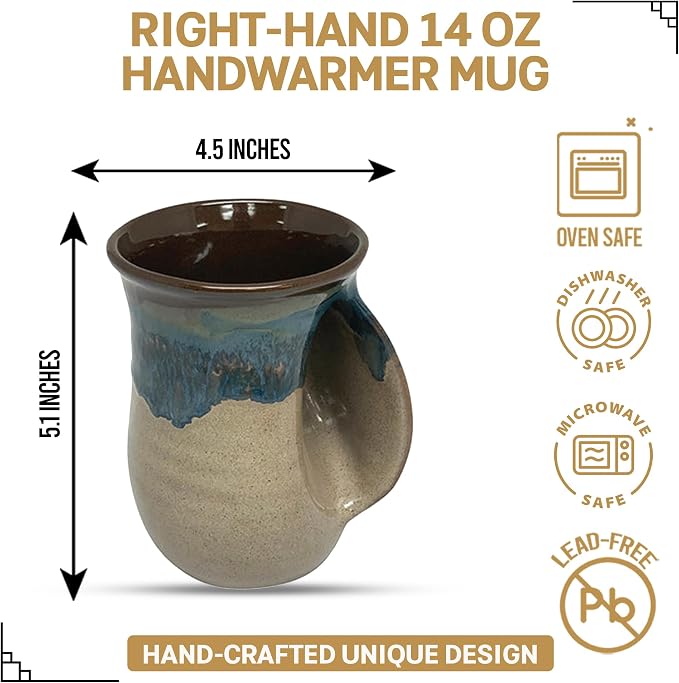Clay in Motion Hand Warmer Coffee Mug – Handmade Coffee Mug With Comfortable Handle Contoured Pocket Hand Warming Ceramic Coffee Mug – Proudly Made in USA – Right Handed – 14 Oz - Mudslide