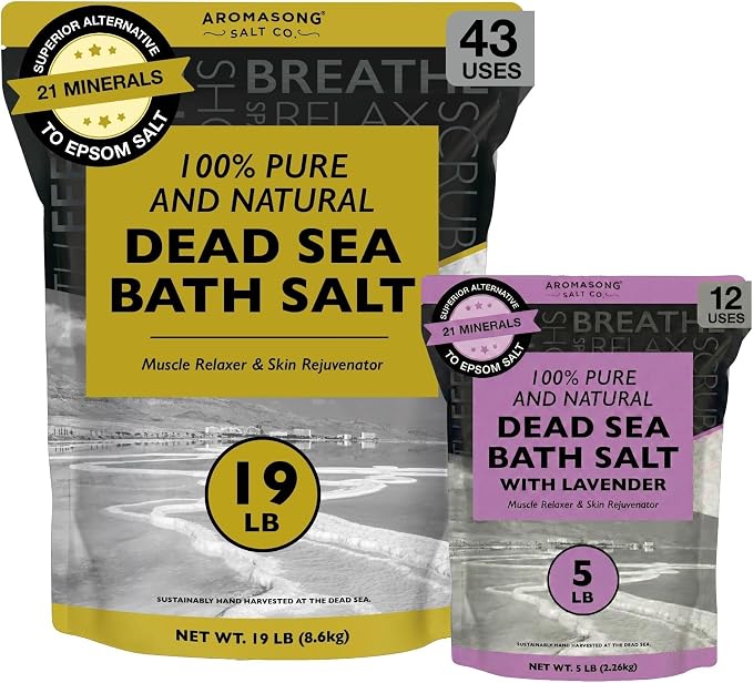 Aromasong 100% Pure Dead Sea Salt Duo: Unscented 19 LB with Lavender 5 Lb Dead Sea Salt for Relaxation