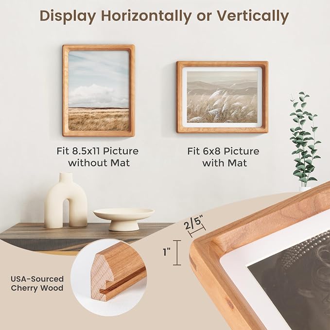 8.5 by 11 Picture Frame, USA-Sourced Cherry Wood Photo Frame with HD Tempered Glass, Handcrafted Rounded Corner 8.5 x 11 Wooden Picture Frames Matted to 6x8 Photos, Tabletop or Wall Display-2p | Hd Tempered Glass