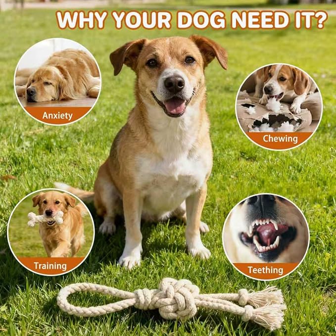 3 Pack Cotton Rope Dog Toy Set, Indestructible Chew Toys for Aggressive Chewers, Puppy Teething Toys with Bone, Human & Chinese Knot Designs for Boredom Relief & Tug of War， White