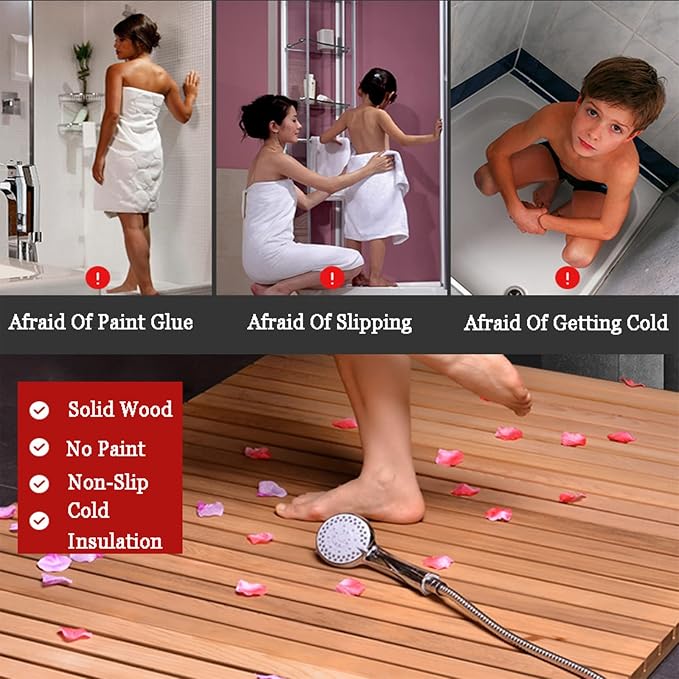 Natural Wooden Shower Mat,Bamboo Bath Mat Set,Non-Slip Wooden Bath Mats with Slatted Design for Indoor/Outdoor Bathtub, Shower, Sauna, Pool, Or Hot Tub,Customizable,80x80cm/31x31in