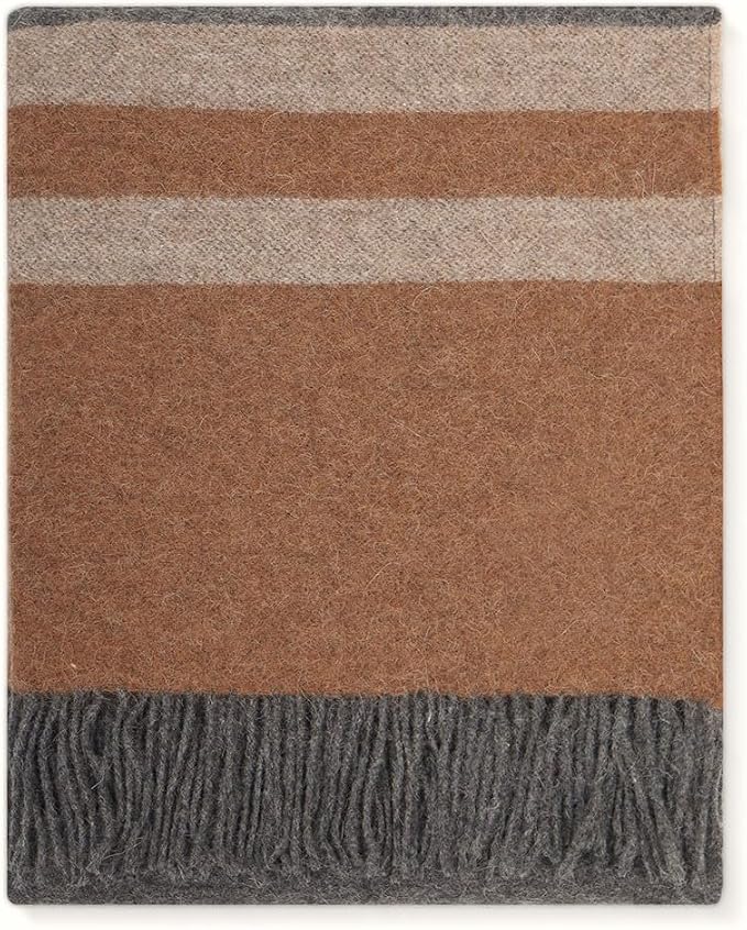 Superfine Alpaca Wool Throw Blanket - Lightweight Alpaca Merino Wool Throw Blankets | Soft Peruvian Alpaca Blanket Wool Blanket Striped Design 63" x 52" (Gray/Camel/Taupe)