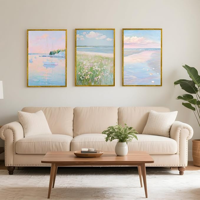 Coastal Pink Wall Art Set of 3 Maximalist Ocean & Beach Landscape Canvas Poster Trendy Sailboats Flowers Sunset Painting Pastel Picture Prints for Bedroom Home Decor 12x18inch Gold Framed