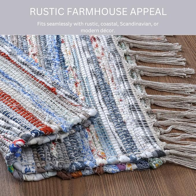 Cotton Chindi Rug - Boho Rustic Area Accent Throw Rug - Area Floor Carpet for Bedroom Living Room Kitchen Dorm Entryway Hallway - 20x32 inch Hand Woven Reversible Rug Pastel Multi Color