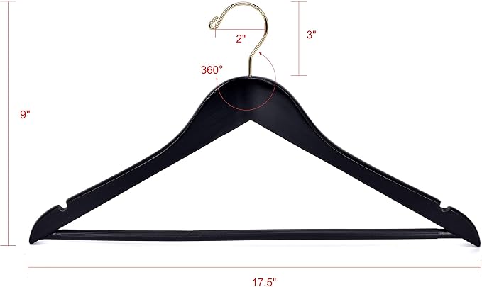 Quality Black Wooden Hangers - Slightly Curved Hanger Set of 20-Pack - Solid Wood Coat Hangers with Stylish Chrome Hooks - Heavy-Duty Clothes, Jacket, Shirt, Pants, Suit Hangers (Black-Gold Hook, 20)