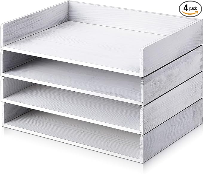 Yeaqee 4 Pcs Stackable Paper Organizer Tray Wood Desk Organizer Letter Tray Paper Holder Desktop Letter Size Office Wooden Desk Shelf Folder Organization Rack for Mail File Document (Vintage White)