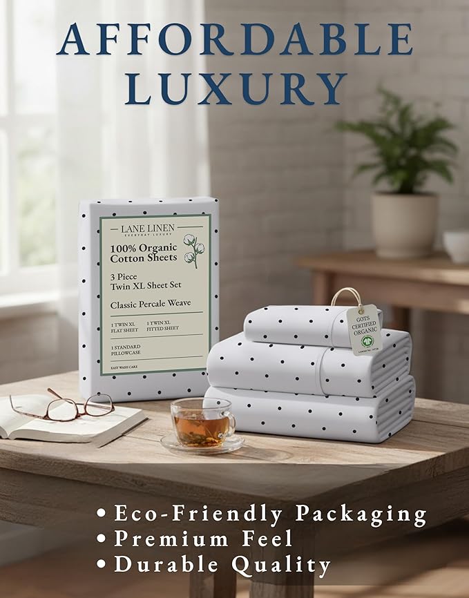 LANE LINEN 100% Organic Cotton Twin XL Sheets Set 3-Piece Pure Percale Bedsheets Bedding Breathable Fits Mattress Upto 15" Deep - Black Polka Dot