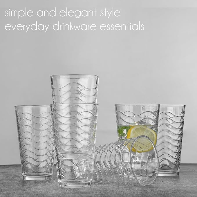 ALINK 16 oz Vintage Drinking Glasses, Set of 6 Wave Line Highball Glass Cups Bar Glasses, Clear Heavy Base Stemmed Water Glasses for Beer, Iced Coffee, Cocktail, Wine, Iced Tea, Dishwasher Safe