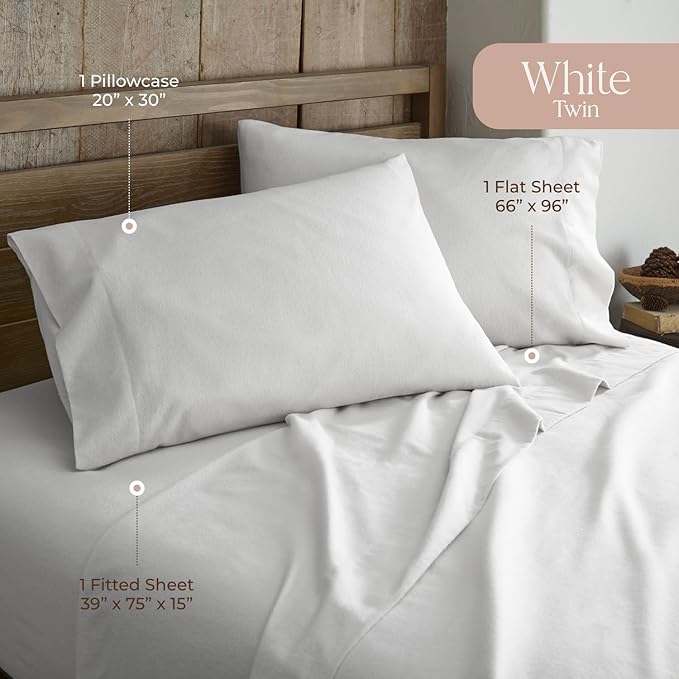 100% Organic Flannel Sheets Twin Size - GOTS Certified 100% Cotton Flannel Sheets Set with Comfortable Soft Brushed Finish & Deep Pocket - 1 Flat 1 Fitted & 1 Pillowcase (White, Twin)