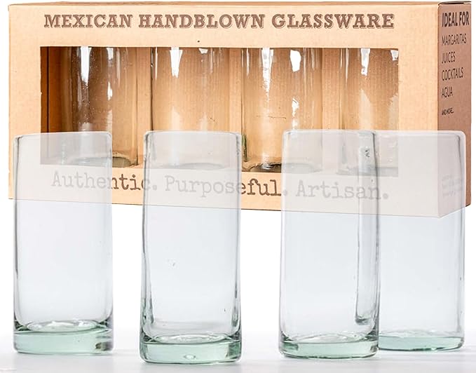 Verve CULTURE Mexican Highball Drinking Glasses, Unique Handblown Glassware, Glass Cups for Cocktails, Juice, Mixed Drinks, Elegant Tabletop Drinkware, Set of 4 (Clear, 16 oz)