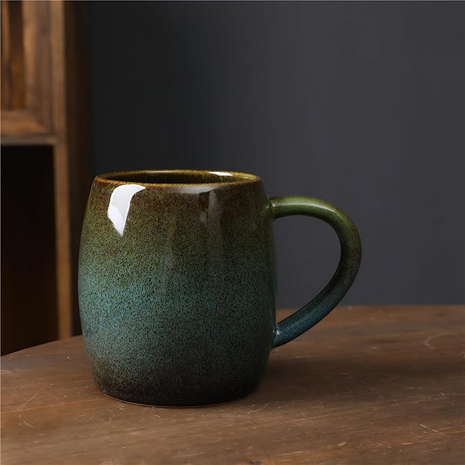 21oz Large Handmade ceramic Mug, Big Ceramic Tea Cup, Durable and Heavy Microwave and Dishwasher Safe Pottery Coffee Mug with Handle, Reactive Glaze Stoneware Clay coffee mug (Dark Green and Blue)